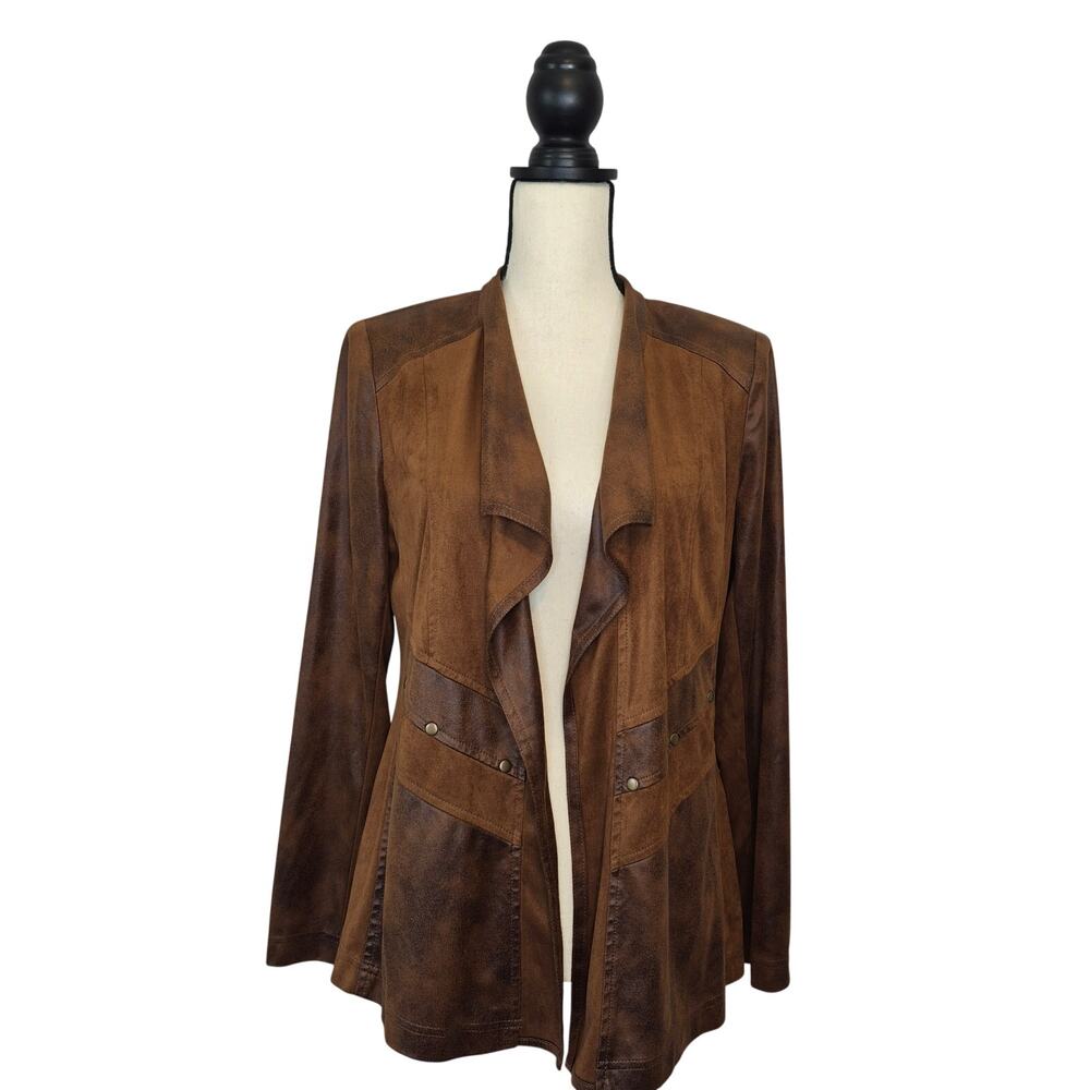 Allison Daley Brown Faux Suede Draped Cascade Open Front Western Jacket Size 8